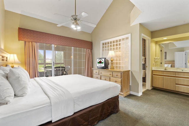 2800 Green Mountain Dr Unit 130A & D, Branson, MO 65616 - carpeted bedroom featuring lofted ceiling, access to exterior, ensuite bathroom, and a ceiling fan