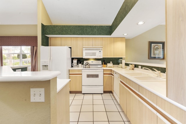 2800 Green Mountain Dr Unit 130A & D, Branson, MO 65616 - kitchen with white appliances, light brown cabinetry, light tile patterned floors, tasteful backsplash, and recessed lighting