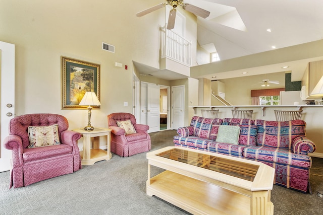 2800 Green Mountain Dr Unit 130A & D, Branson, MO 65616 - living area featuring a ceiling fan, carpet, and a high ceiling