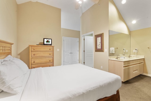 2800 Green Mountain Dr Unit 130A & D, Branson, MO 65616 - bedroom with carpet flooring, connected bathroom, high vaulted ceiling, and ceiling fan