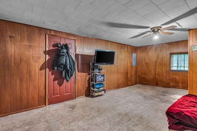 1215 Lanton Rd, West Plains, MO 65775 - carpeted living area with a ceiling fan and wood walls
