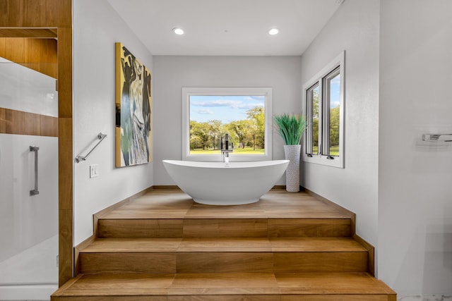 6298 E Summit View Dr, Springfield, MO 65809 - full bathroom featuring walk in shower, a soaking tub, and recessed lighting