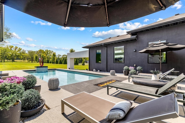6298 E Summit View Dr, Springfield, MO 65809 - swimming pool featuring a patio area, a fire pit, and a lawn