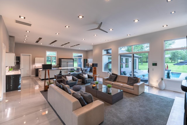 6298 E Summit View Dr, Springfield, MO 65809 - living room featuring recessed lighting, light tile patterned floors, and ceiling fan
