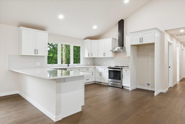 654 Rochester Rd, Sparta, MO 65753 - kitchen with electric range, wall chimney exhaust hood, a peninsula, decorative backsplash, and lofted ceiling