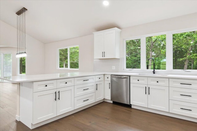 654 Rochester Rd, Sparta, MO 65753 - kitchen featuring stainless steel dishwasher, a peninsula, light countertops, dark wood-type flooring, and white cabinetry