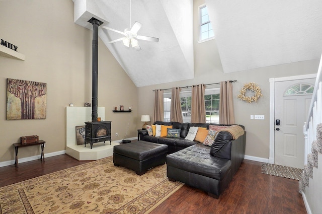 3711 W Farm Road 14, Brighton, MO 65617 - living room featuring high vaulted ceiling, a wood stove, a ceiling fan, and wood finished floors