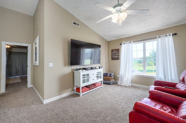 3711 W Farm Road 14, Brighton, MO 65617 - carpeted living room featuring a ceiling fan, a textured ceiling, and high vaulted ceiling