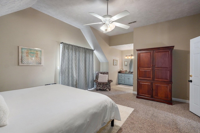 3711 W Farm Road 14, Brighton, MO 65617 - bedroom with light carpet, vaulted ceiling, a textured ceiling, ensuite bathroom, and a ceiling fan
