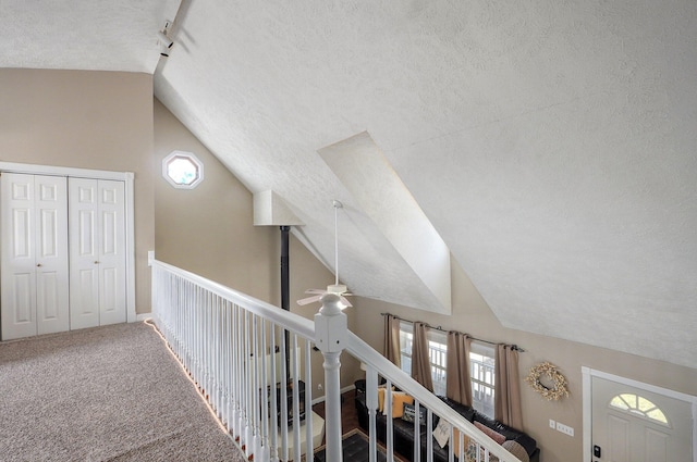 3711 W Farm Road 14, Brighton, MO 65617 - hall featuring a textured ceiling, vaulted ceiling, and carpet