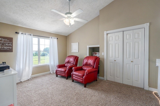 3711 W Farm Road 14, Brighton, MO 65617 - sitting room featuring vaulted ceiling, a textured ceiling, ceiling fan, and carpet flooring