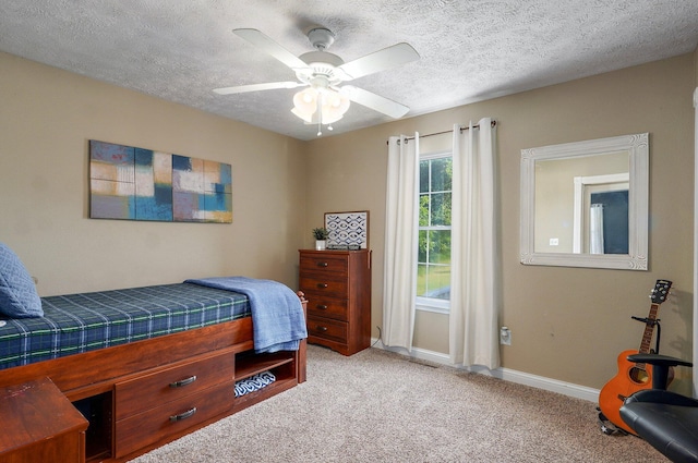 3711 W Farm Road 14, Brighton, MO 65617 - bedroom with light colored carpet, a textured ceiling, and ceiling fan