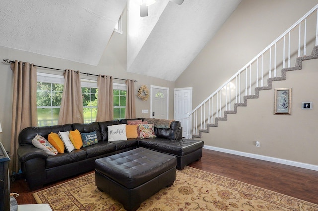 3711 W Farm Road 14, Brighton, MO 65617 - living area with wood finished floors, high vaulted ceiling, stairs, healthy amount of natural light, and ceiling fan