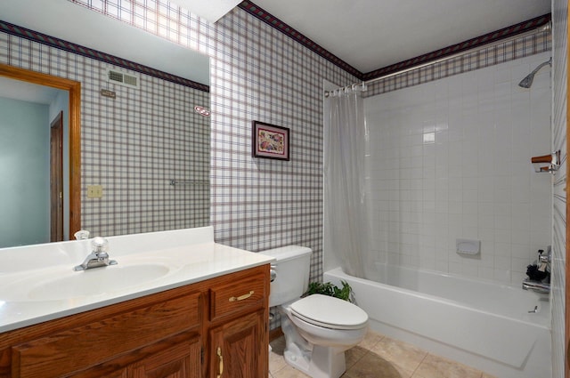 5150 S Dollison Ave, Springfield, MO 65810 - full bathroom with wallpapered walls, vanity, shower / bathtub combination with curtain, tile patterned floors, and ornamental molding
