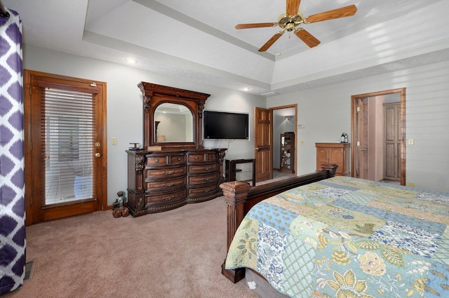 5150 S Dollison Ave, Springfield, MO 65810 - bedroom featuring carpet, a raised ceiling, access to outside, a ceiling fan, and recessed lighting