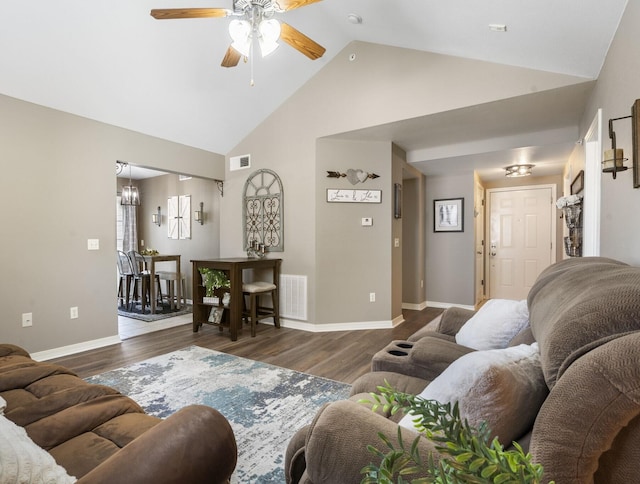 151 Vixen Cir Unit L, Branson, MO 65616 - living area with high vaulted ceiling, a ceiling fan, wood finished floors, and a chandelier