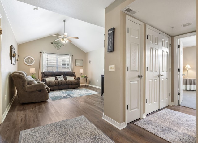 151 Vixen Cir Unit L, Branson, MO 65616 - living room featuring ceiling fan, dark wood-type flooring, and lofted ceiling