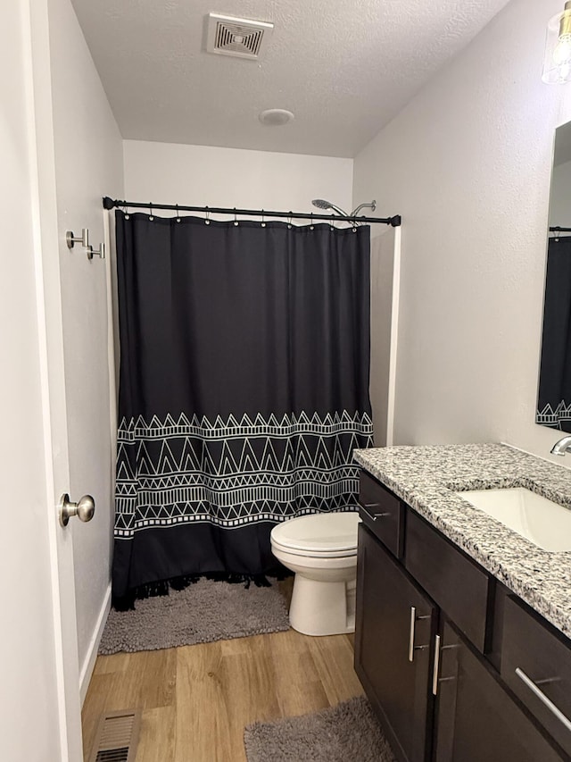 404 N Pine Leaf Rd, Nixa, MO 65714 - bathroom featuring wood finished floors, vanity, a shower with shower curtain, and a textured ceiling