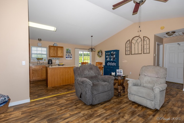1704 Luna Dr, West Plains, MO 65775 - living room with lofted ceiling, dark wood finished floors, and ceiling fan