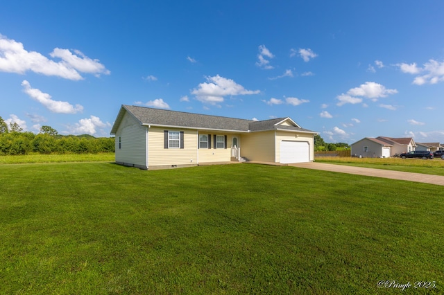 1704 Luna Dr, West Plains, MO 65775 - ranch-style home with concrete driveway, a garage, a front lawn, and crawl space