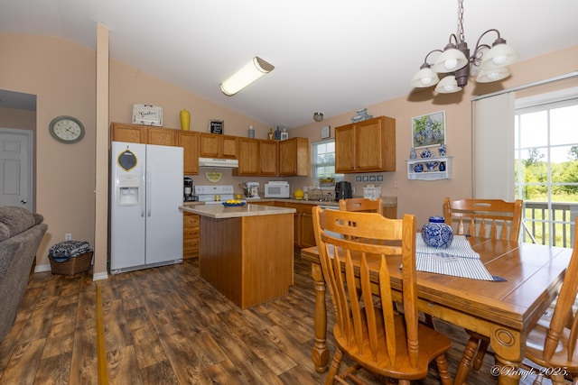 1704 Luna Dr, West Plains, MO 65775 - kitchen featuring white appliances, lofted ceiling, dark wood-style flooring, light countertops, and plenty of natural light