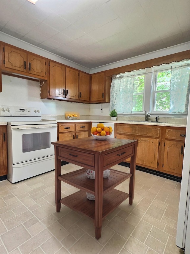 505 Sycamore St, Van Buren, MO 63965 - kitchen with white range with electric stovetop, light countertops, and brown cabinetry