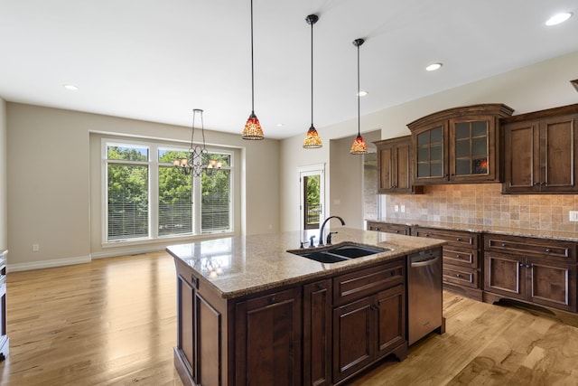 755 N Fallbrooke Ter, Springfield, MO 65802 - kitchen featuring stainless steel dishwasher, light wood finished floors, backsplash, hanging light fixtures, and recessed lighting