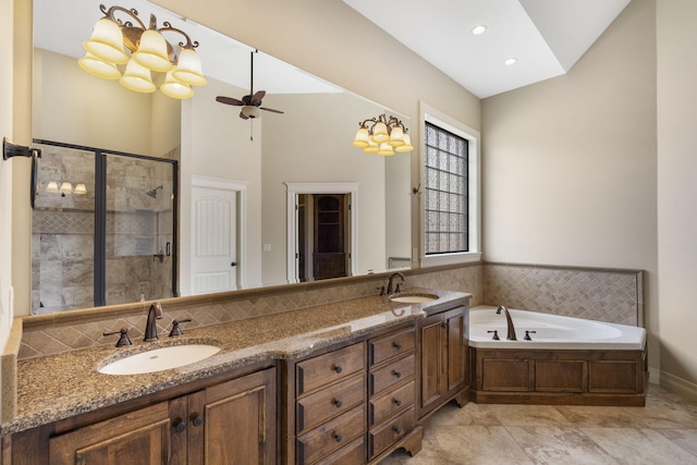 755 N Fallbrooke Ter, Springfield, MO 65802 - full bath featuring ceiling fan, a stall shower, double vanity, and a bath