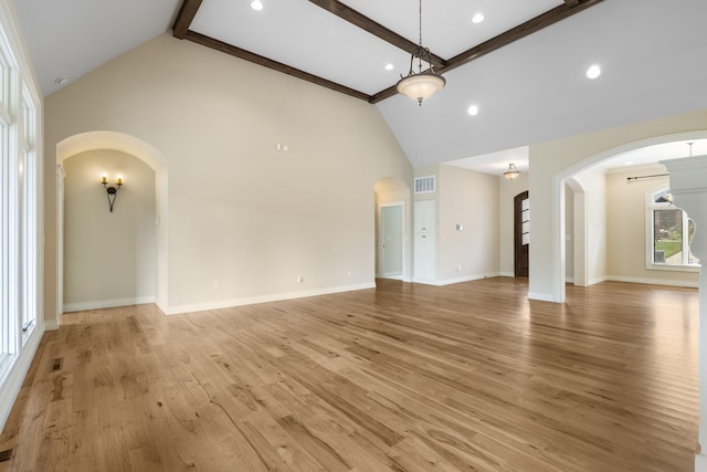 755 N Fallbrooke Ter, Springfield, MO 65802 - unfurnished living room with arched walkways, high vaulted ceiling, beam ceiling, light wood-type flooring, and recessed lighting