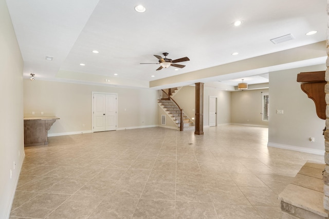 755 N Fallbrooke Ter, Springfield, MO 65802 - unfurnished living room with stairs, recessed lighting, ceiling fan, and light tile patterned floors