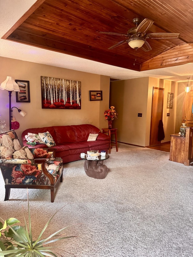 1249 Stonebrook Rd, Ozark, MO 65721 - living room with wood ceiling, carpet flooring, a ceiling fan, a raised ceiling, and lofted ceiling