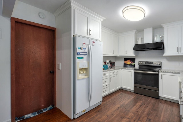 263 Crystal Ave, Sparta, MO 65753 - kitchen with electric stove, white fridge with ice dispenser, dark wood-style flooring, white cabinets, and decorative backsplash