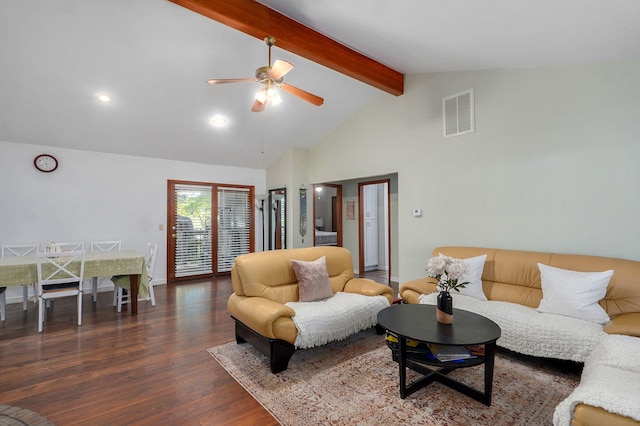 263 Crystal Ave, Sparta, MO 65753 - living room with beamed ceiling, wood finished floors, ceiling fan, high vaulted ceiling, and recessed lighting