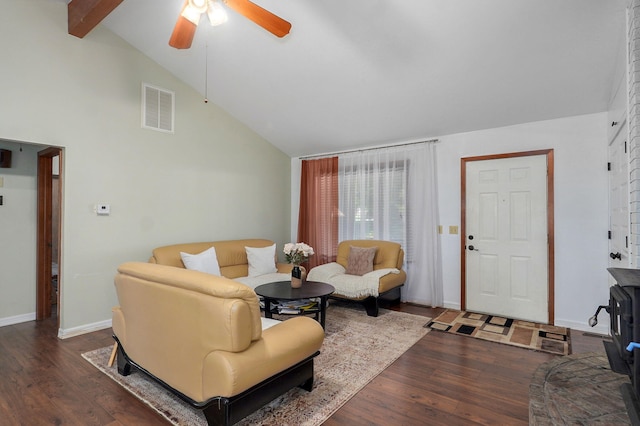 263 Crystal Ave, Sparta, MO 65753 - living area with wood finished floors, a ceiling fan, high vaulted ceiling, and beam ceiling