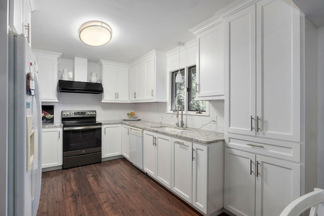 263 Crystal Ave, Sparta, MO 65753 - kitchen featuring white appliances, tasteful backsplash, white cabinets, and dark wood-style floors
