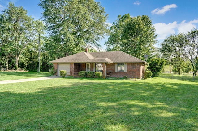 263 Crystal Ave, Sparta, MO 65753 - single story home featuring a garage, concrete driveway, brick siding, a chimney, and roof with shingles