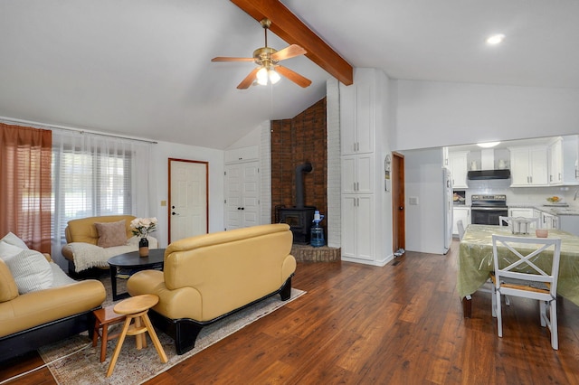 263 Crystal Ave, Sparta, MO 65753 - living room with a wood stove, dark wood-style floors, and ceiling fan
