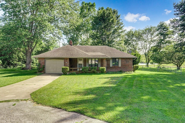 263 Crystal Ave, Sparta, MO 65753 - ranch-style house featuring driveway, an attached garage, brick siding, a chimney, and a porch