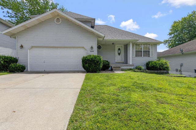 5590 S Aaron Ave, Springfield, MO 65810 - view of front of home featuring a garage, concrete driveway, a front lawn, and a shingled roof