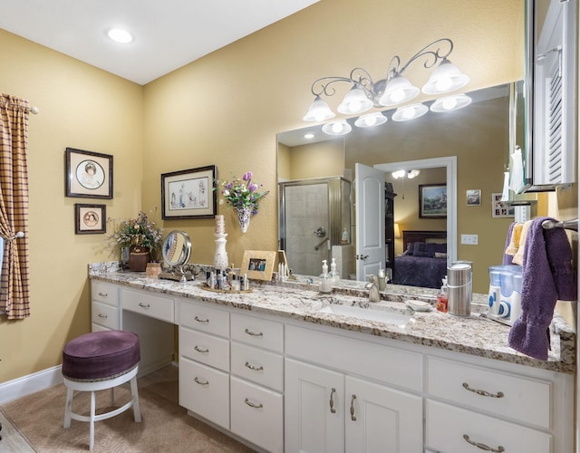 110 Stillwood Dr, Branson, MO 65616 - full bathroom with a shower stall, vanity, connected bathroom, and a fireplace