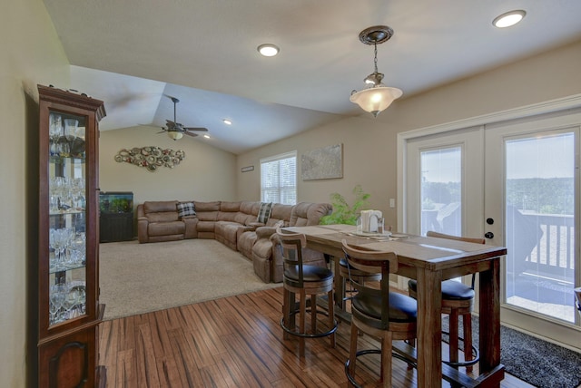 440 Spring Meadow Pkwy, Branson, MO 65616 - dining room with dark wood finished floors, lofted ceiling, a ceiling fan, french doors, and recessed lighting