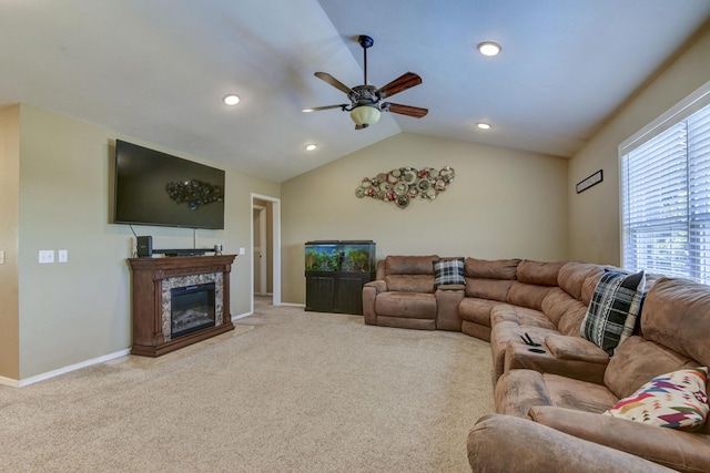 440 Spring Meadow Pkwy, Branson, MO 65616 - living area with a ceiling fan, light colored carpet, recessed lighting, vaulted ceiling, and a fireplace