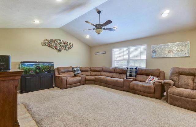 440 Spring Meadow Pkwy, Branson, MO 65616 - carpeted living area with a ceiling fan, lofted ceiling, and recessed lighting