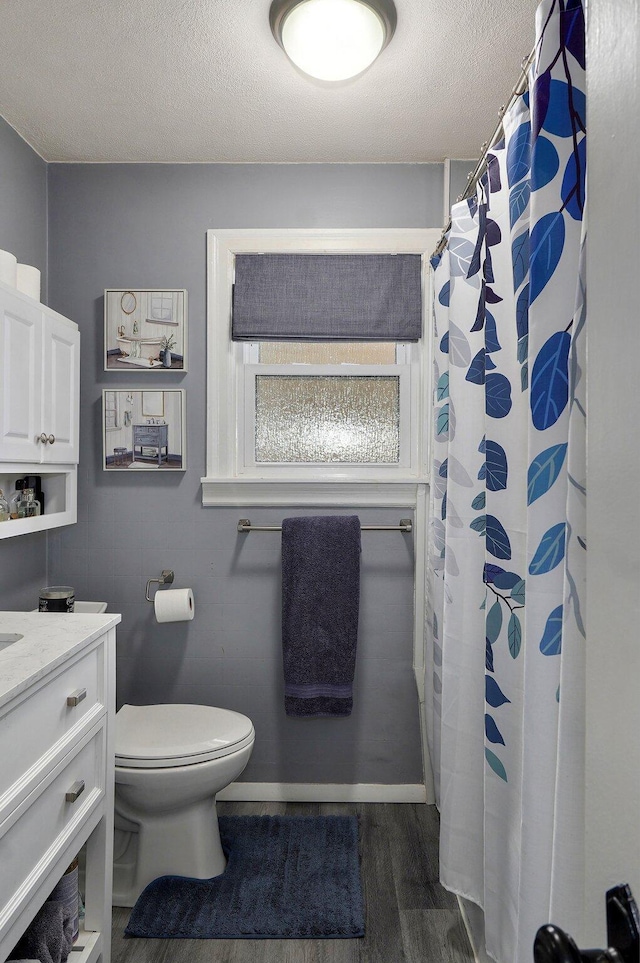 1841 E Dale St, Springfield, MO 65803 - bathroom featuring wood finished floors, a textured ceiling, vanity, and a shower with curtain