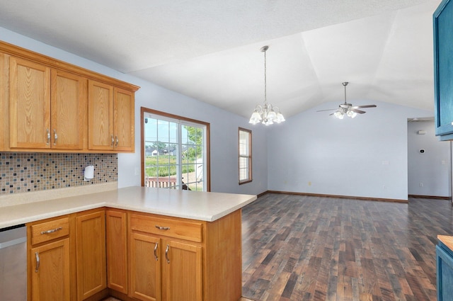 1603 W Robin St, Ozark, MO 65721 - kitchen with stainless steel dishwasher, ceiling fan, vaulted ceiling, dark wood-type flooring, and a peninsula