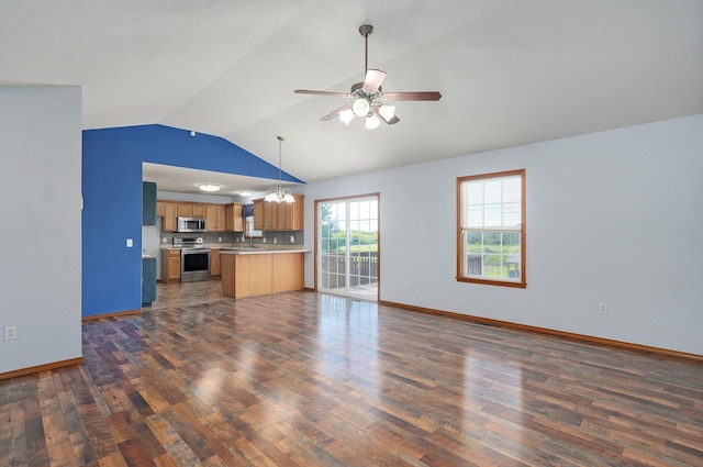 1603 W Robin St, Ozark, MO 65721 - unfurnished living room featuring lofted ceiling, ceiling fan, and dark wood-style flooring