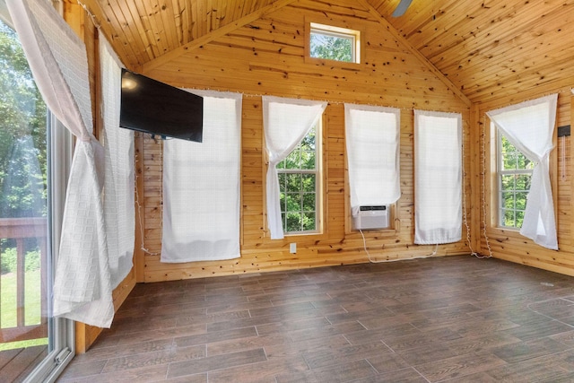 253 Cedar Glade Dr, Branson West, MO 65737 - empty room featuring wood walls, lofted ceiling, wooden ceiling, cooling unit, and wood finished floors