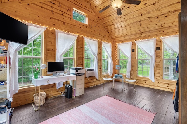253 Cedar Glade Dr, Branson West, MO 65737 - home office with wooden walls, wood finished floors, ceiling fan, healthy amount of natural light, and wooden ceiling