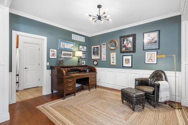 253 Cedar Glade Dr, Branson West, MO 65737 - office area featuring a chandelier, wood finished floors, ornamental molding, wainscoting, and a decorative wall