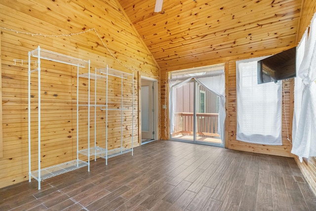 253 Cedar Glade Dr, Branson West, MO 65737 - empty room featuring wood walls, dark wood-style floors, wooden ceiling, and high vaulted ceiling